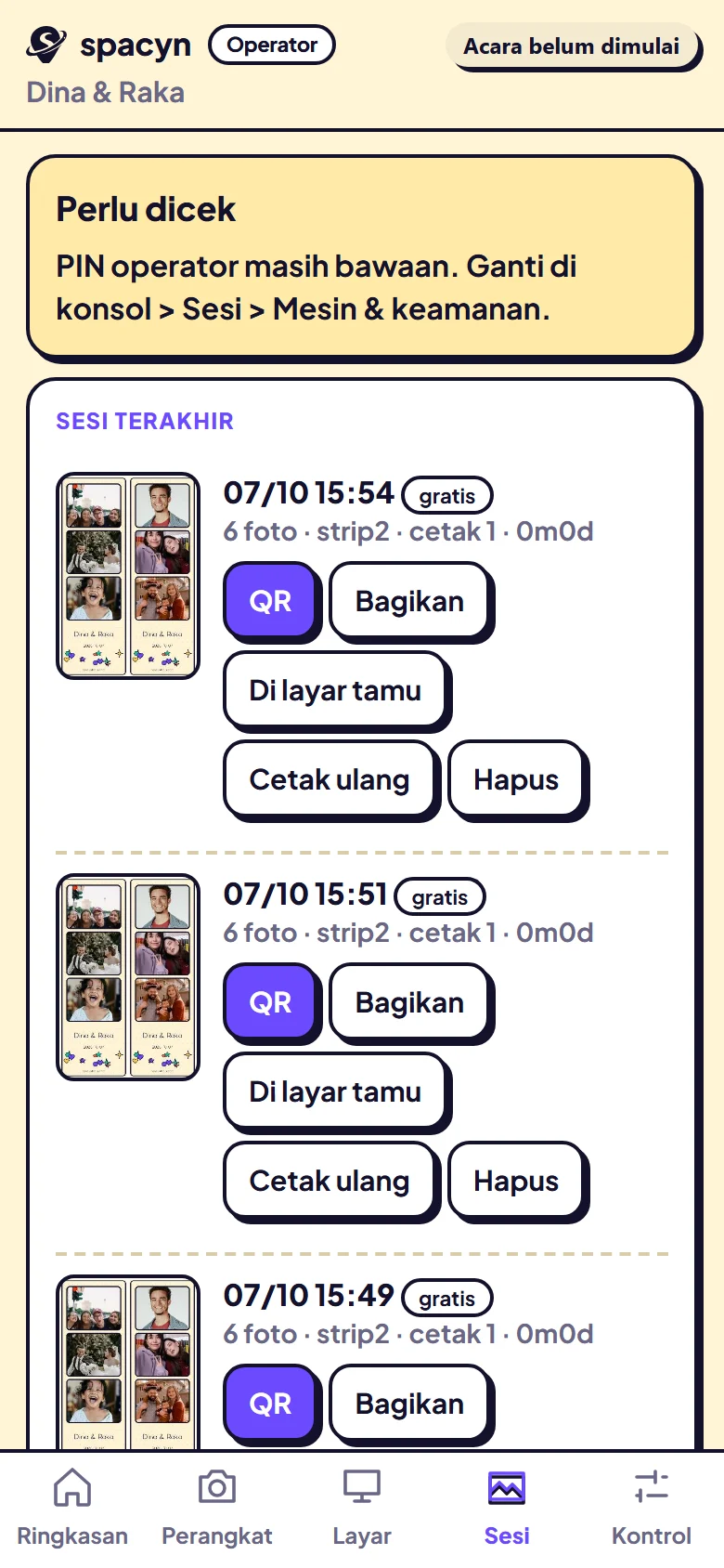 Daftar sesi operator