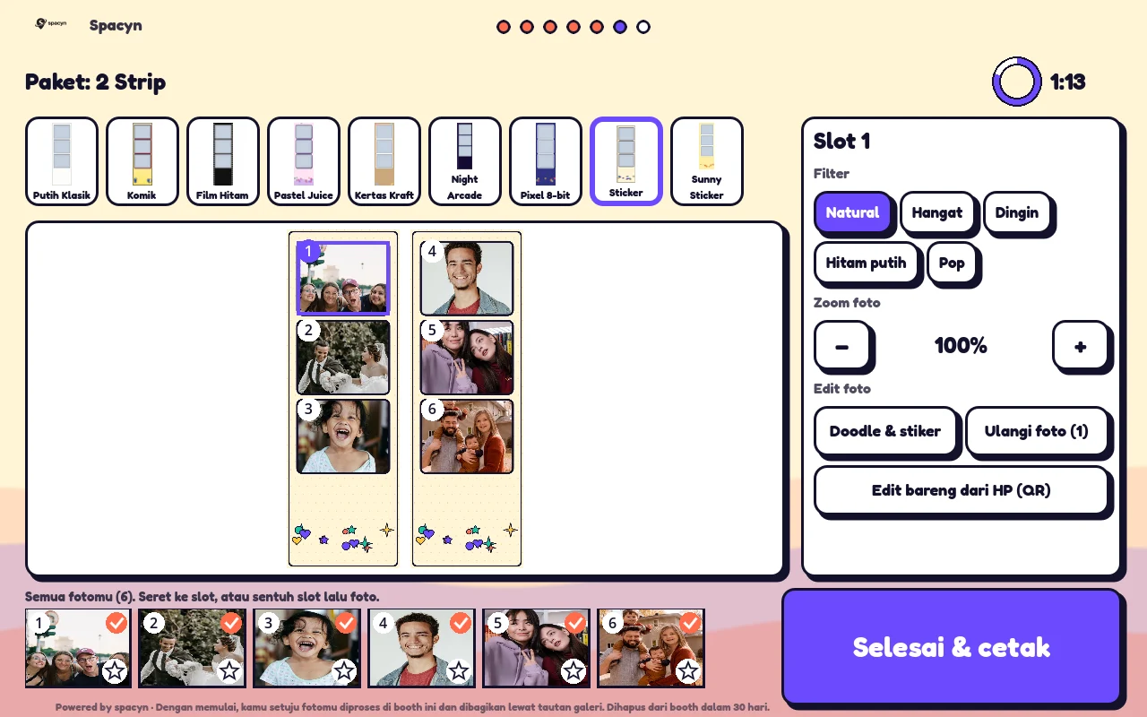 Layar pilih foto dan frame di booth